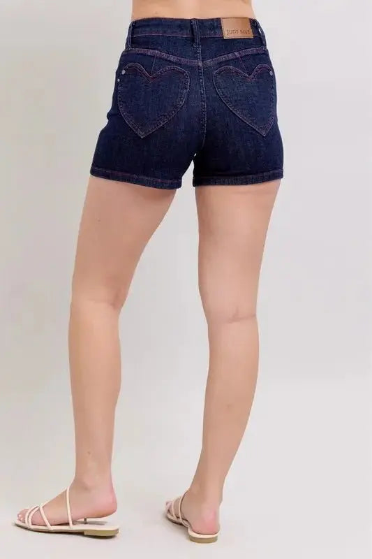 Judy Blue High Waist Heart Shaped Pkts & Red Contrast Thread Denim Shorts - Love Salve